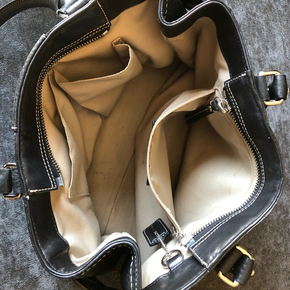 Black Pebbled Leather Coach Satchel; Hampton-Style, Braid, Tassel & Silver Trim - Picture 3 of 7